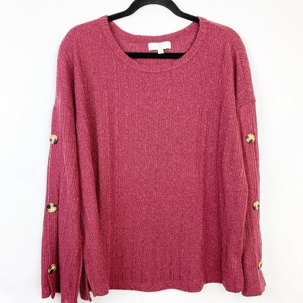 New Directions Curvy Crew Neck Button Sleeve Top